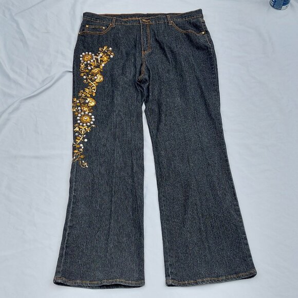 Denim 24/7 Women Boot Cut Sequins Embroidered Dark Wash Jeans Sz 24T 24 Tall - Picture 1 of 8